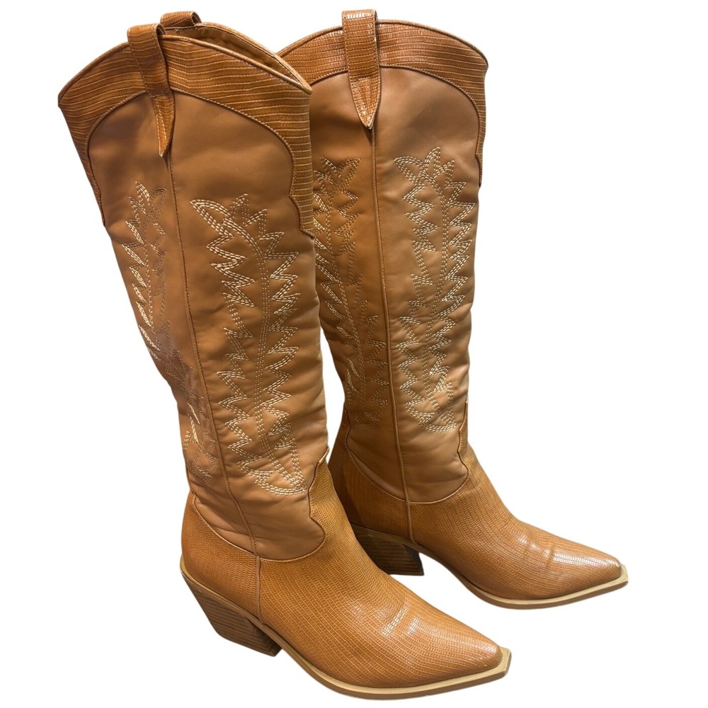 Billini Ukiri Tan Western Cowboy Boots Lizard Embossed Pointed Toe Size 8